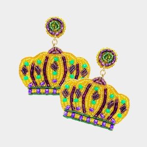 Gold Purple Green Beaded Crown Felt Mardi Gras Statement Parade Dangle Earrings